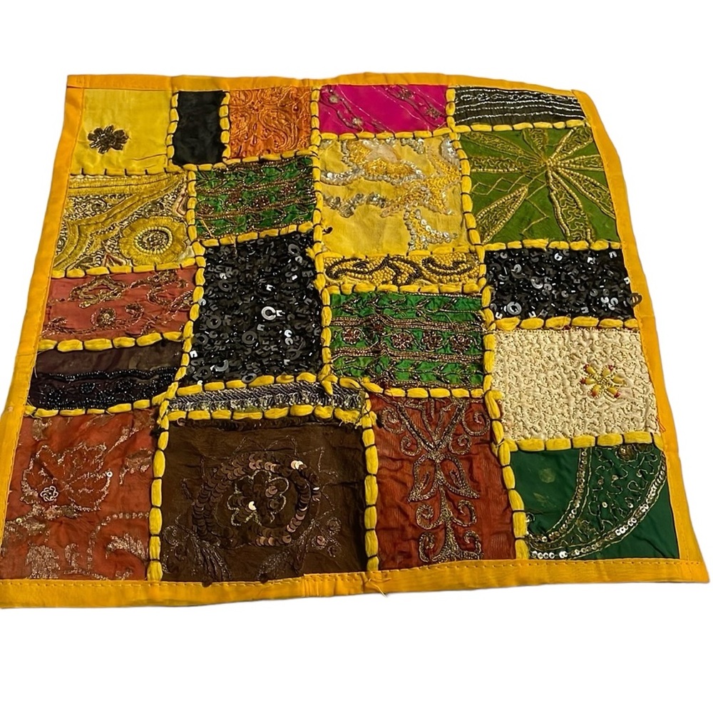 Handmade bohemian throw pillow cover. Made in India. Sequins, beads, 16”x16”